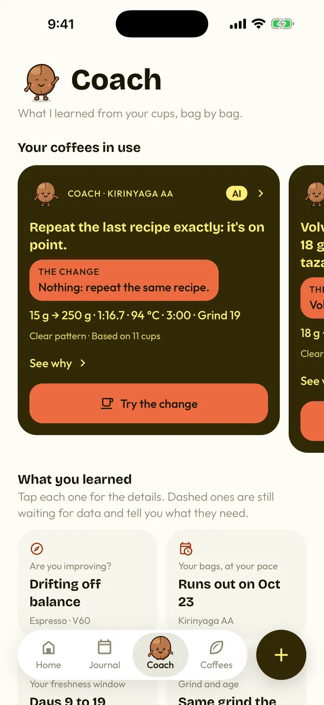 The Coach tab: the coach's advice for a Kenyan coffee and what the app learned.