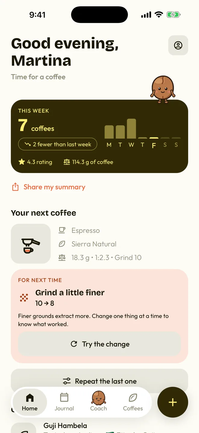 The app's home: this week's coffees, the next coffee to brew and the change to try.