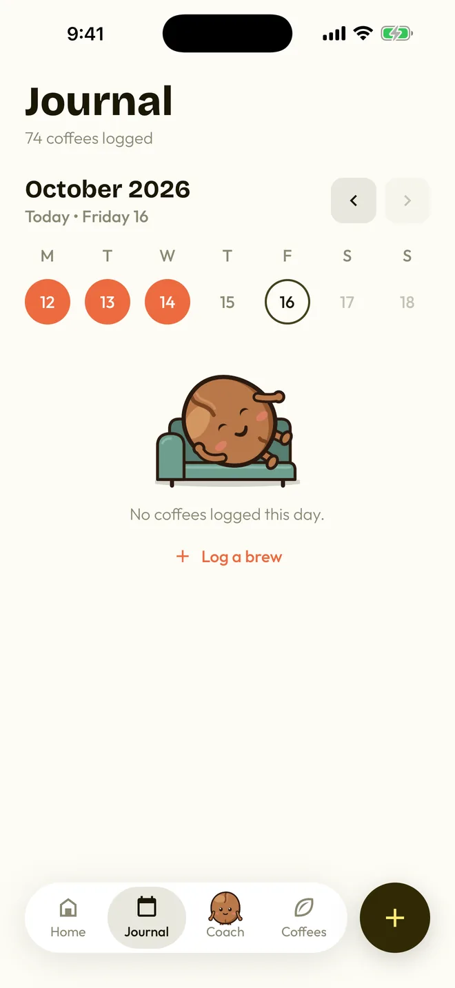 The Journal tab with October's calendar and the mascot resting on the couch.
